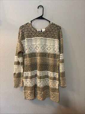 Styles to Go Crochet Open Knit Stripe Sweater Tunic in Beige & Cream